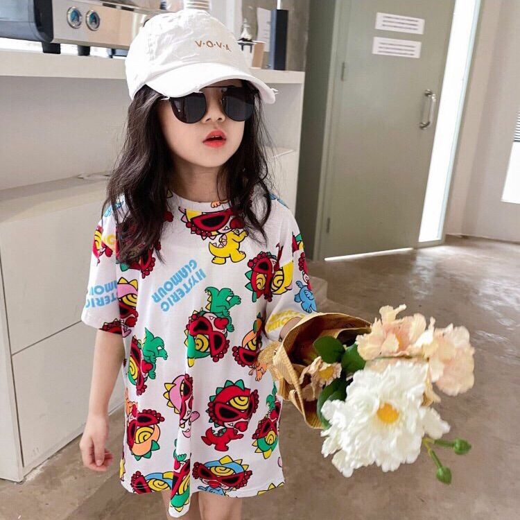 【90-140cm】韓国 オシャレ プリント カートゥーン 子供 服 女の子 半袖 ロング Ｔシャツ