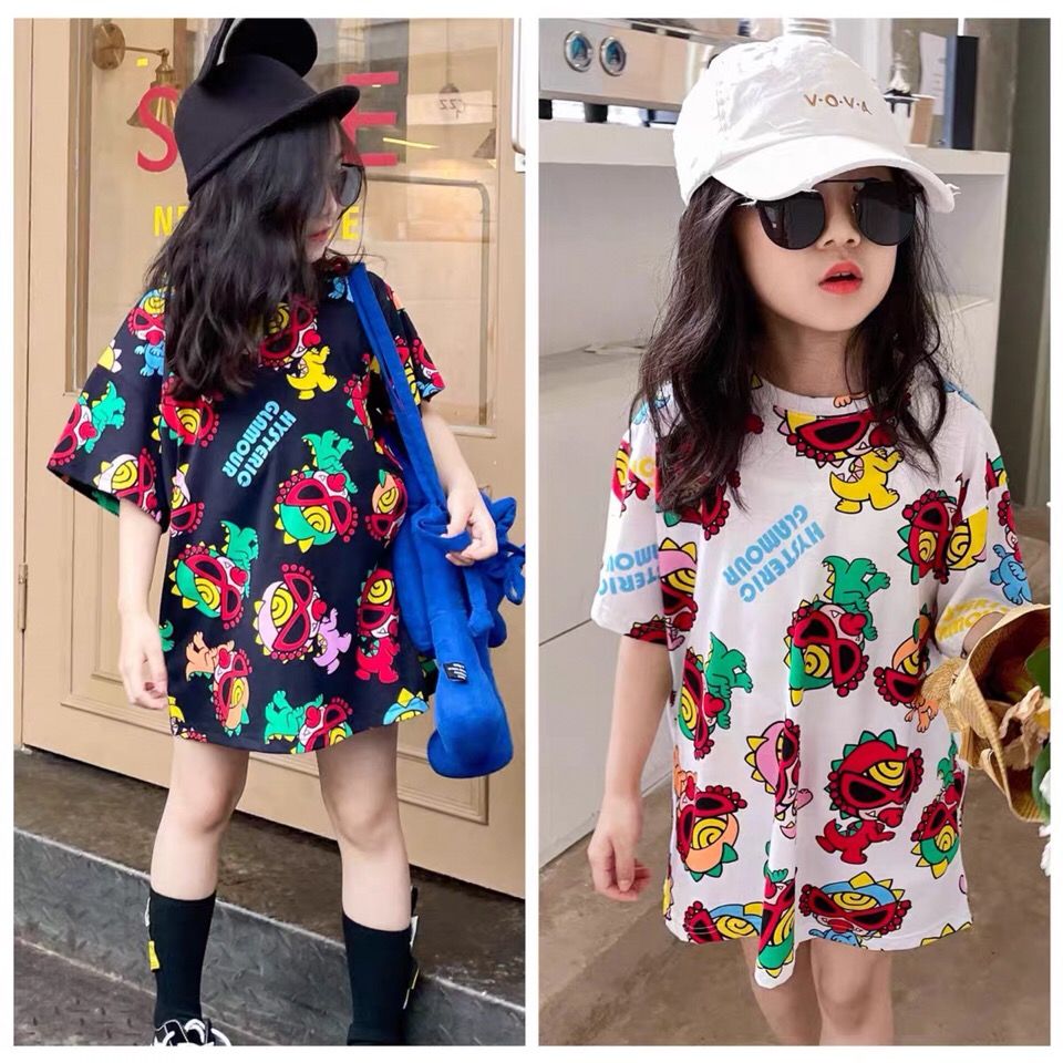【90-140cm】韓国 オシャレ プリント カートゥーン 子供 服 女の子 半袖 ロング Ｔシャツ