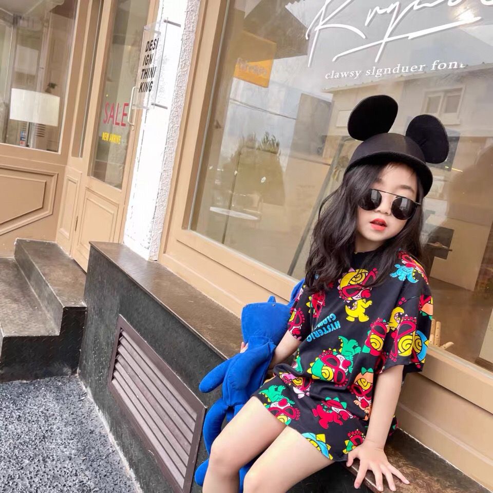 【90-140cm】韓国 オシャレ プリント カートゥーン 子供 服 女の子 半袖 ロング Ｔシャツ