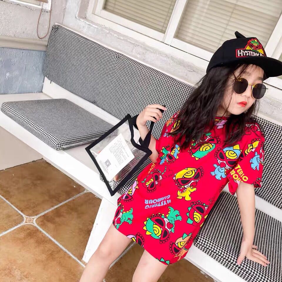 【90-140cm】韓国 オシャレ プリント カートゥーン 子供 服 女の子 半袖 ロング Ｔシャツ