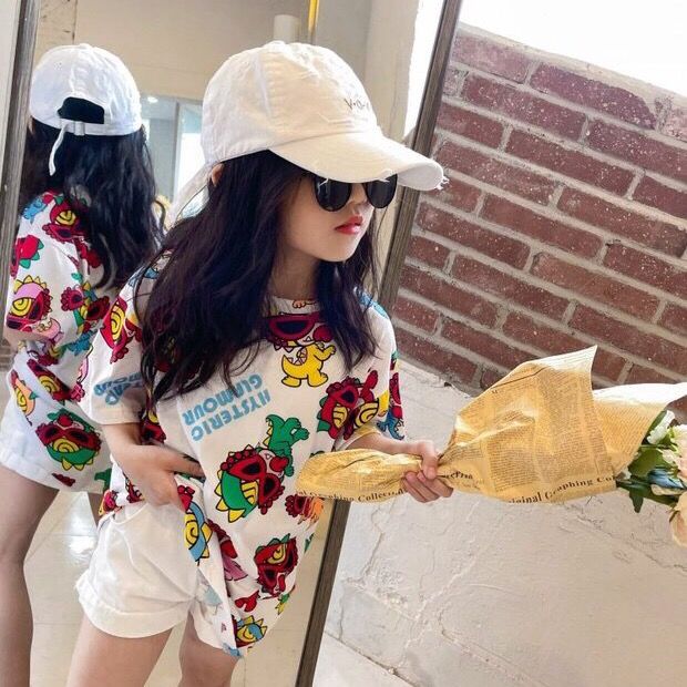 【90-140cm】韓国 オシャレ プリント カートゥーン 子供 服 女の子 半袖 ロング Ｔシャツ