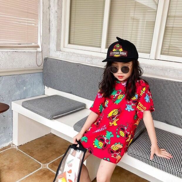 【90-140cm】韓国 オシャレ プリント カートゥーン 子供 服 女の子 半袖 ロング Ｔシャツ