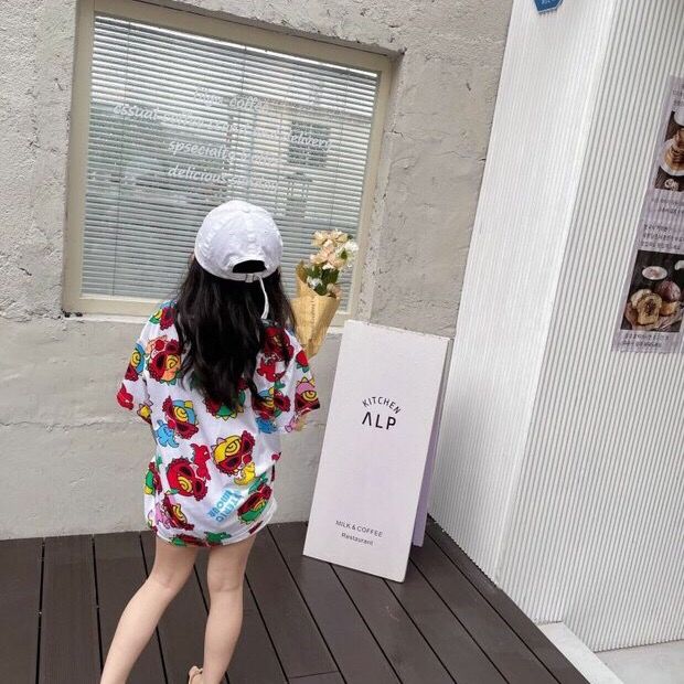 【90-140cm】韓国 オシャレ プリント カートゥーン 子供 服 女の子 半袖 ロング Ｔシャツ
