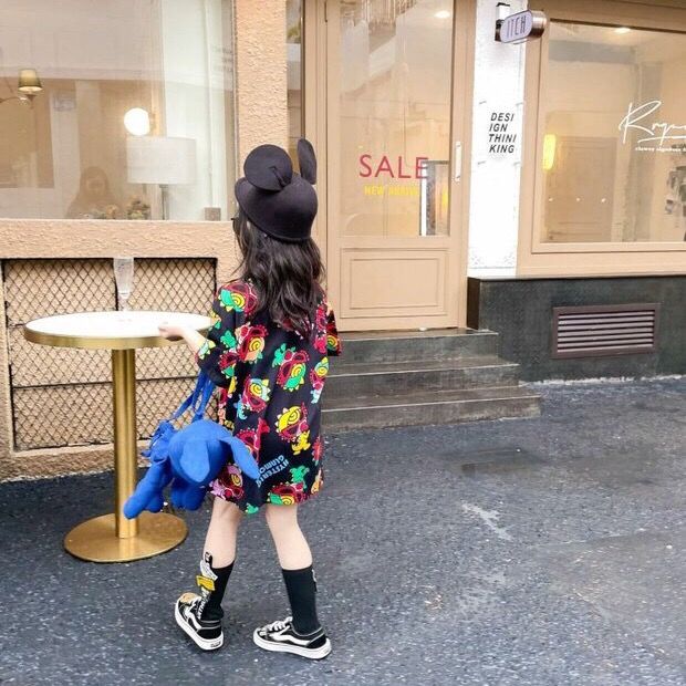 【90-140cm】韓国 オシャレ プリント カートゥーン 子供 服 女の子 半袖 ロング Ｔシャツ