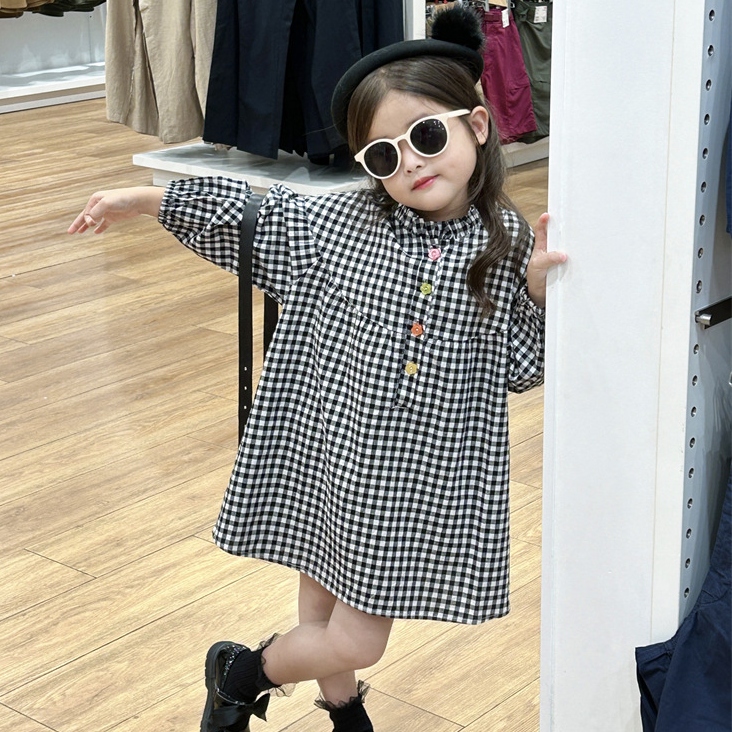 【90-140cm】デザイン性抜群 チェック柄  配色 学園風 定番 女の子 ワンピース
