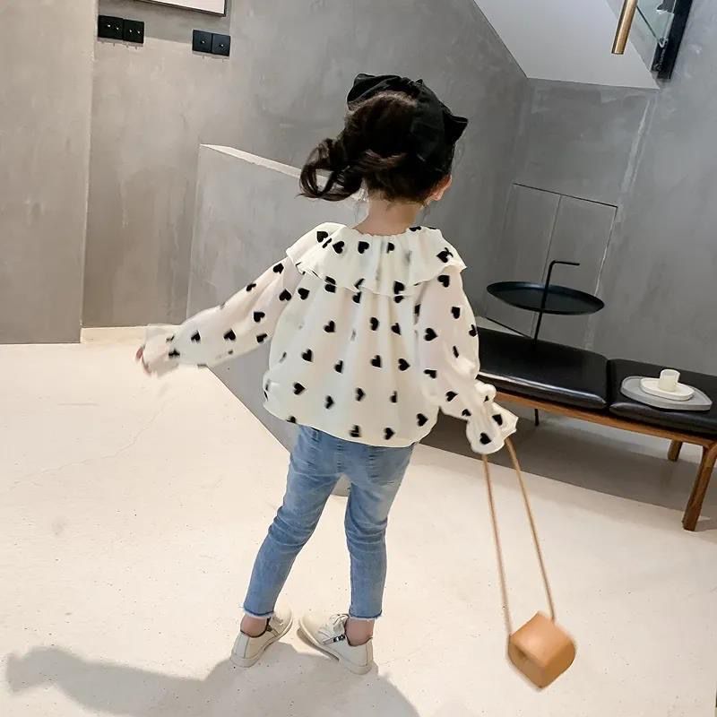 【100-160】気質アップハート柄フリルボウタイ長袖ブラウス女の子トップス