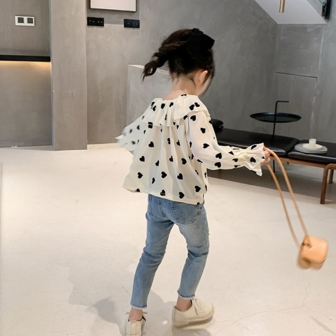【100-160】気質アップハート柄フリルボウタイ長袖ブラウス女の子トップス