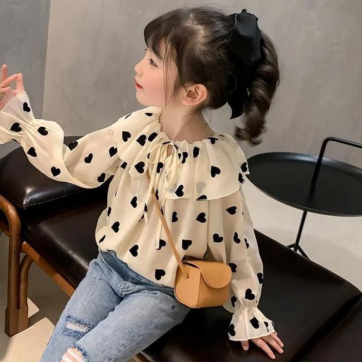 【100-160】気質アップハート柄フリルボウタイ長袖ブラウス女の子トップス