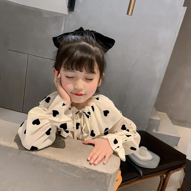【100-160】気質アップハート柄フリルボウタイ長袖ブラウス女の子トップス
