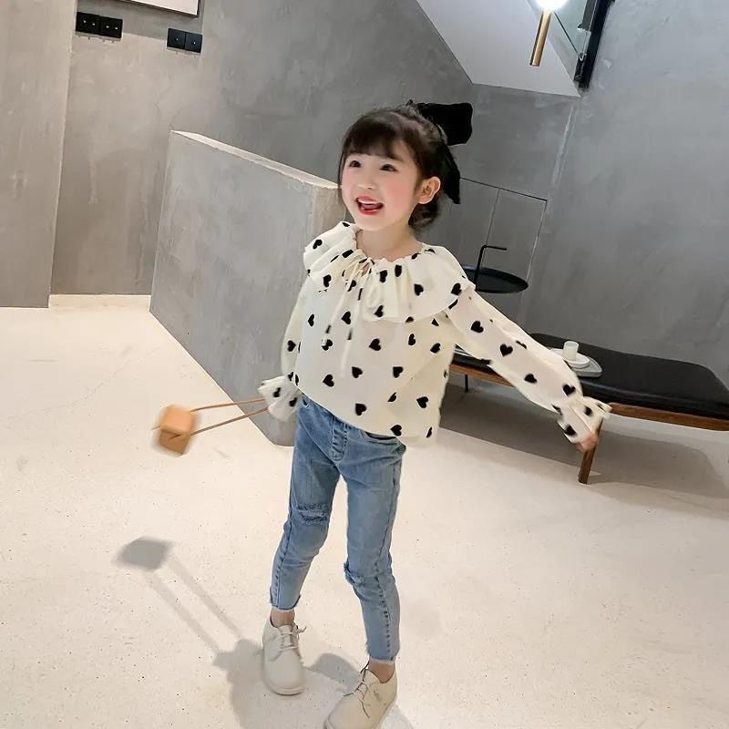 【100-160】気質アップハート柄フリルボウタイ長袖ブラウス女の子トップス