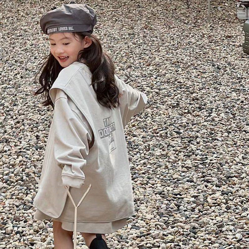 【120-170】レイヤード 重ね着風 切り替え アルファベット ゆったり 春秋 子供服 女の子 キッズ ジュニア トップス 長袖 Ｔシャツ