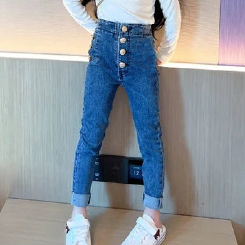 【110-150】韓国系 無地 デニム ジーンズ 伸縮性 ボタン 春秋 子供服 キッズ ジュニア 女の子 ボトムス スリムパンツ