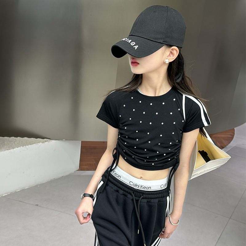 【120-170】】【単品注文】 ヒップホップ ダンス ラメ入り シャーリング 半袖 Tシャツ/サイドライン ワイドパンツ 夏 子供服 キッズ ジュニア 女の子 セットアップ