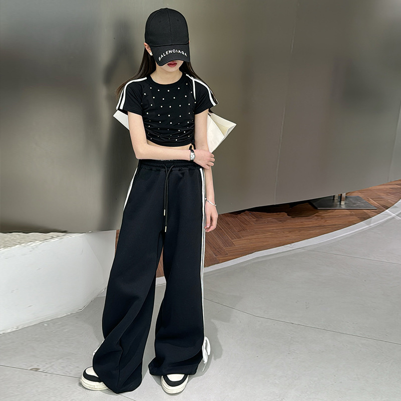 【120-170】】【単品注文】 ヒップホップ ダンス ラメ入り シャーリング 半袖 Tシャツ/サイドライン ワイドパンツ 夏 子供服 キッズ ジュニア 女の子 セットアップ