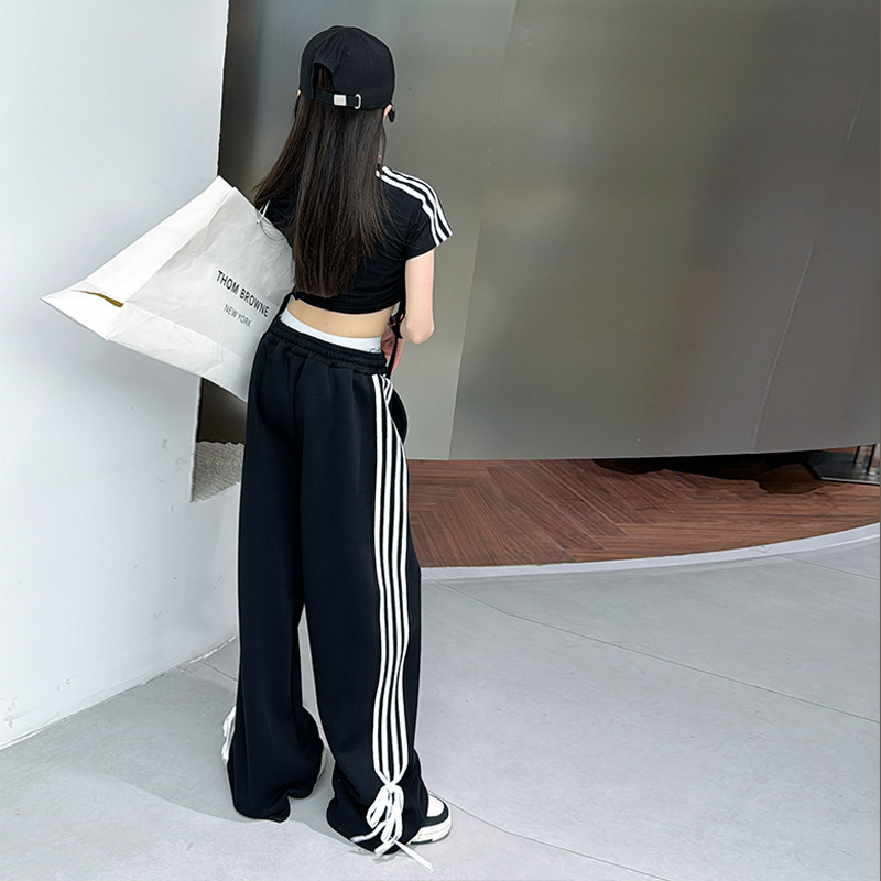 【120-170】】【単品注文】 ヒップホップ ダンス ラメ入り シャーリング 半袖 Tシャツ/サイドライン ワイドパンツ 夏 子供服 キッズ ジュニア 女の子 セットアップ