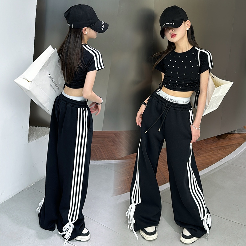 【120-170】】【単品注文】 ヒップホップ ダンス ラメ入り シャーリング 半袖 Tシャツ/サイドライン ワイドパンツ 夏 子供服 キッズ ジュニア 女の子 セットアップ