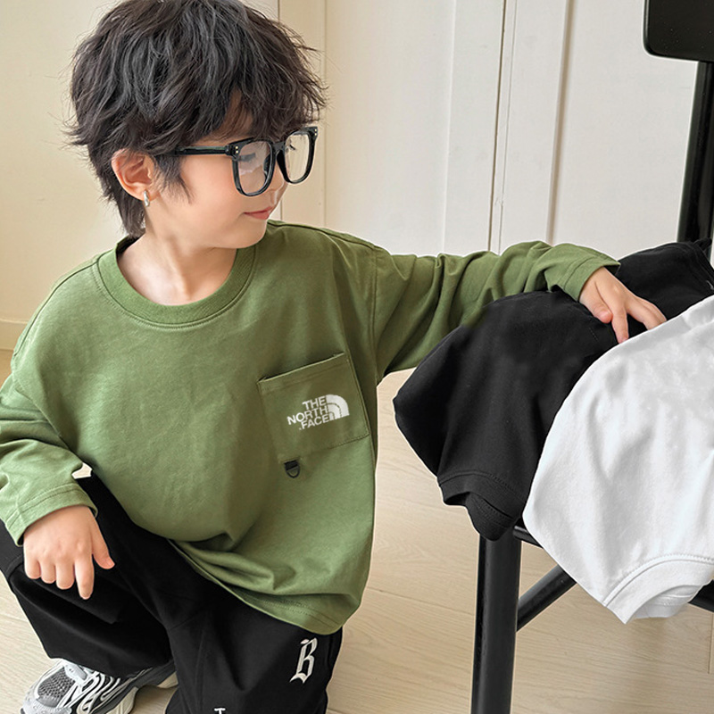 【110-160cm】人気上昇中 着心地良い ポケット付き アルファベット ラウンドネック 長袖 Tシャツ