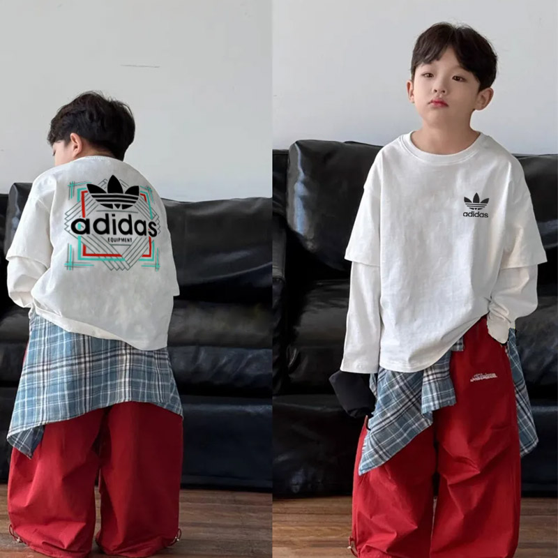 【100-150cm】トレンド感満点 ユニーク レイヤード クール 男の子 長袖 Tシャツ