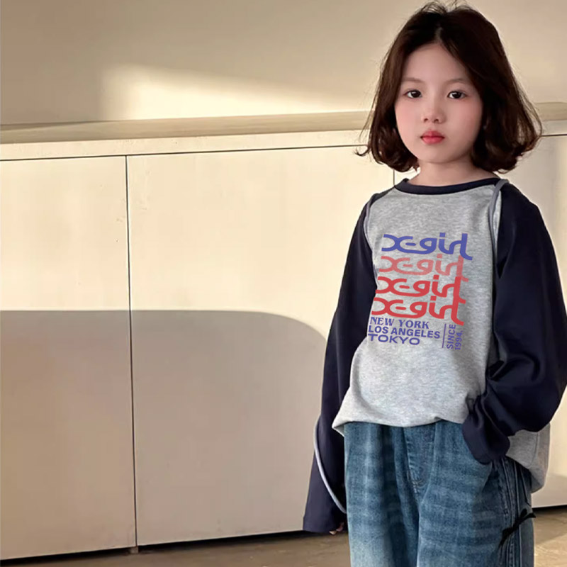 【110-170cm】好感度100％  大人気 配色 合わせやすい 女の子 長袖 Ｔシャツ
