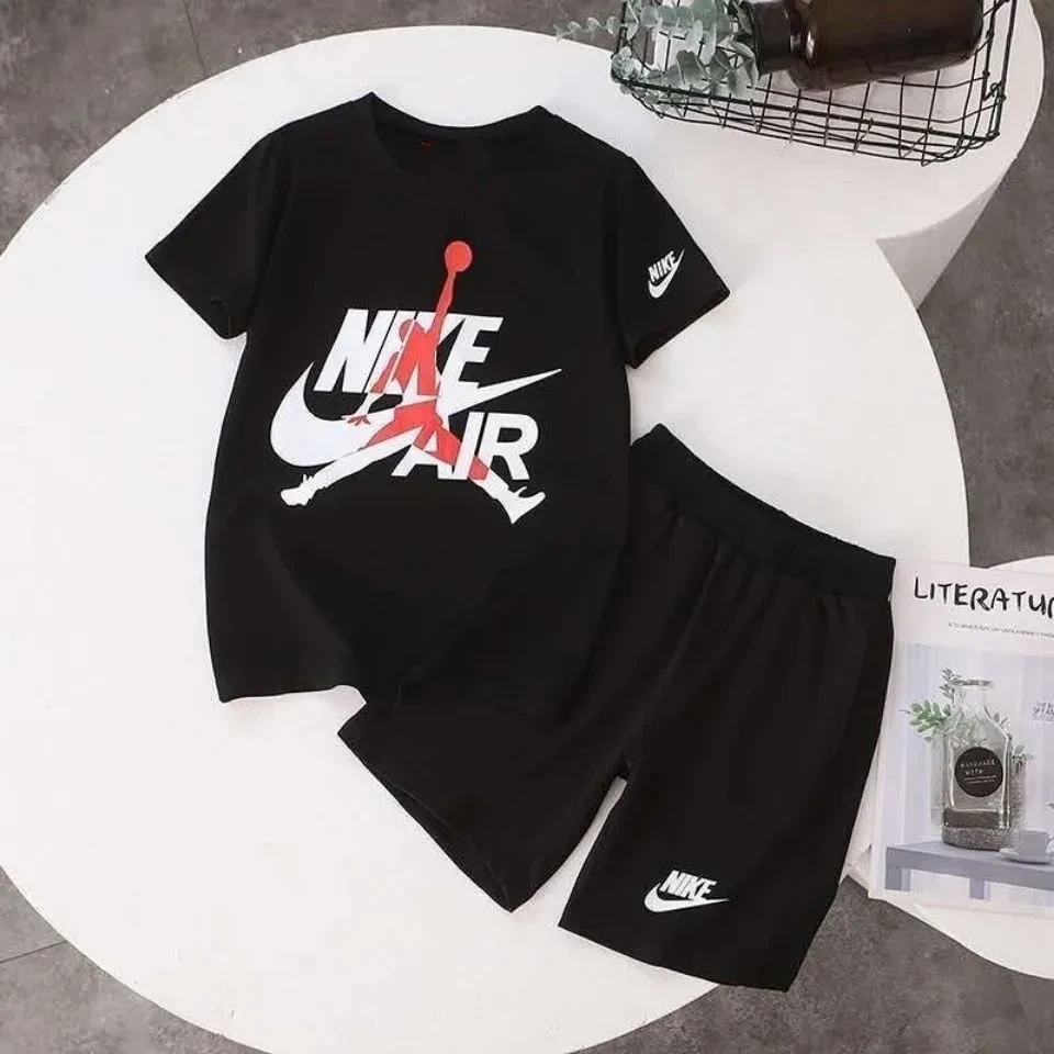 【90-160cm】二点セット シンプル ラウンドネック アルファベット Tシャツ+ショートパンツ セット