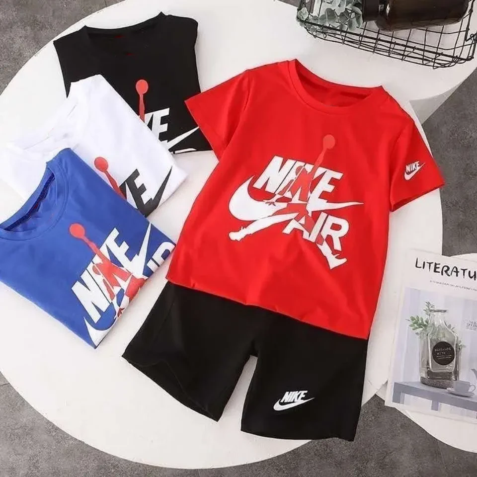 【90-160cm】二点セット シンプル ラウンドネック アルファベット Tシャツ+ショートパンツ セット