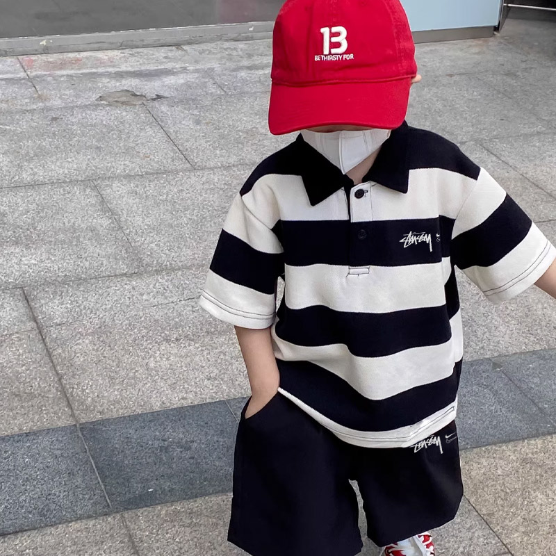 【90-140cm】二点セット 単品注文OK 存在感アップ  カジュアル ボーダー柄 半袖Ｔシャツ＋ショートパンツ セットアップ-副本
