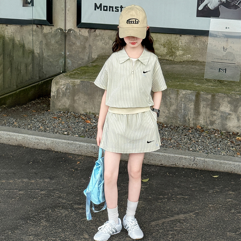 【120-170cm】二点セット よく売れる カジュアル スポーティ 女の子 半袖Tシャツ+スカート セットアップ